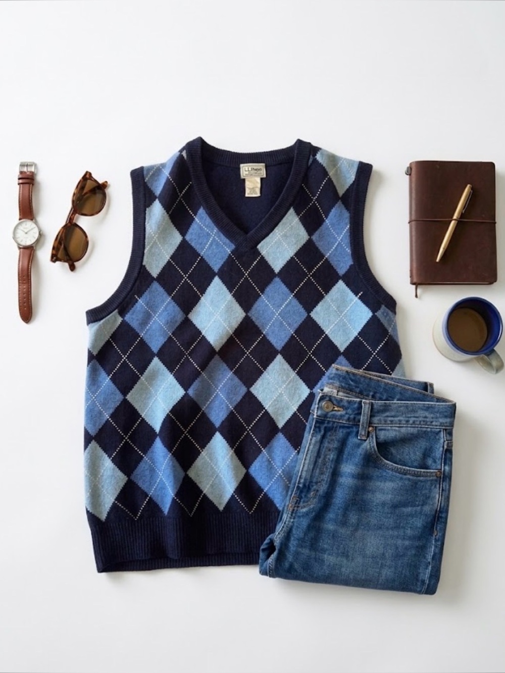 L.L. Bean Men's Blue Argyle Knit Sweater Vest